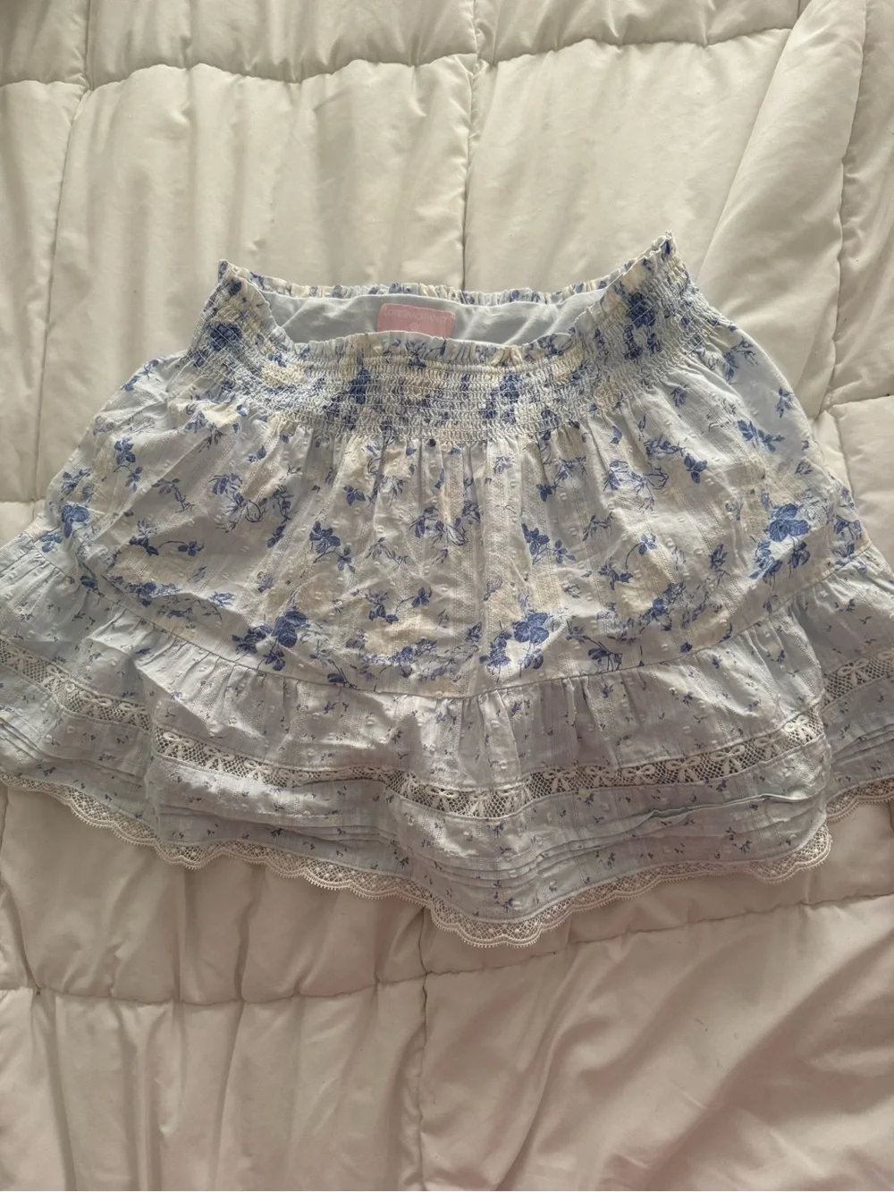 LoveShackFancy White and Blue Floral Tiered Mini Skirt